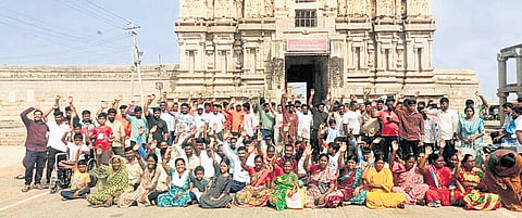 Residents protest the shifting of temple elephant Lakshmi in Hampi on Tuesday
