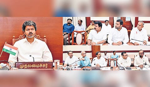 Chief Minister C Joseph Vijay during a meeting with legal experts on Monday.
