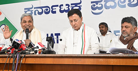 Chief Minister Siddarmaiah with DCM DK Shivakumar, AICC General Secretary and Karnataka incharge Randeep Surjewala addressing press meet on Petrol price hike and other issues against Central Government at KPCC office in Bengaluru on Monday. 