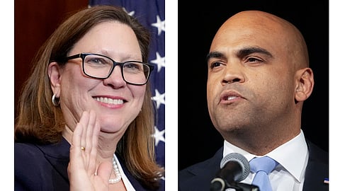 This combination of photos shows Rep. Julie Johnson, D-Texas, being sworn in on Jan. 3, 2025, in Washington, left, and Rep. Colin Allred, D-Texas, speaking on Nov. 5, 2024, in Dallas. 