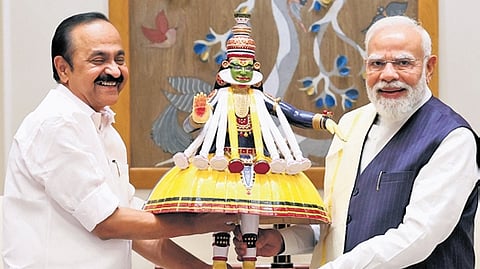 Chief Minister V D Satheesan gifts a kathakali memento to PM Narendra Modi during their meeting in New Delhi 