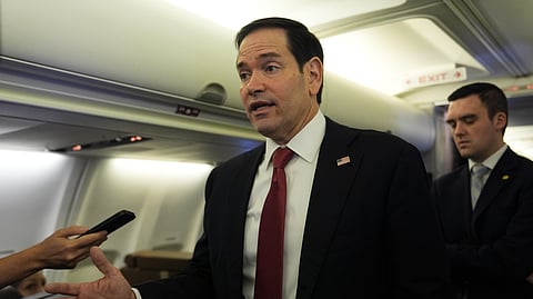 U.S. Secretary of State Marco Rubio speaks to reporters on board his plane at Jaipur International Airport in Jaipur, India, Tuesday, May 26, 2026. 