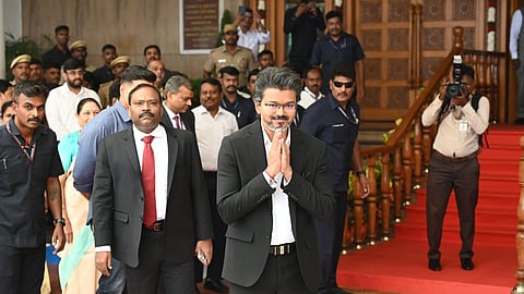 Tamil Nadu Chief Minister and Tamilaga Vettri Kazhagam (TVK) chief C Joseph Vijay arrives at Tamil Nadu Bhavan during his maiden official visit to the national capital since assuming office, in New Delhi, Wednesday, May 27, 2026. 