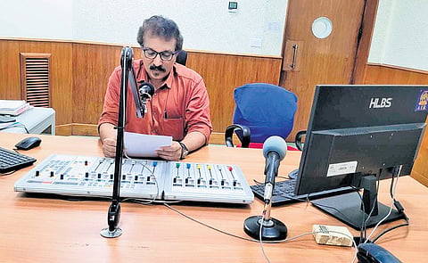 Anil Chandran during a news reading session at Akashvani Kozhikode