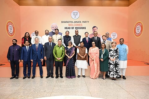 Bharatiya Janata Party National President Nitin Nabin on Tuesday with Heads of Mission from 12 countries at the BJP central office.