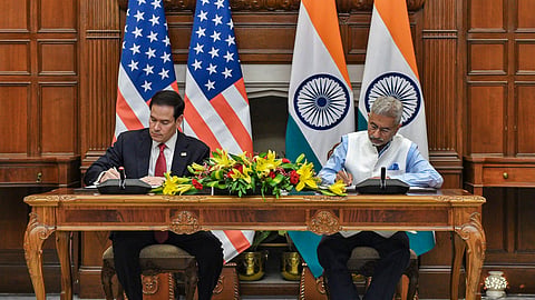 External Affairs Minister S Jaishankar and US Secretary of State Marco Rubio sign the framework on securing supplies of mining and processing of critical minerals on the sidelines of the Quad Foreign Ministers meeting, in New Delhi.