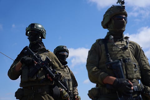 Israeli soldiers occupy a military position overlooking the so-called Yellow Line in the central Gaza Strip, Tuesday, May 26, 2026.