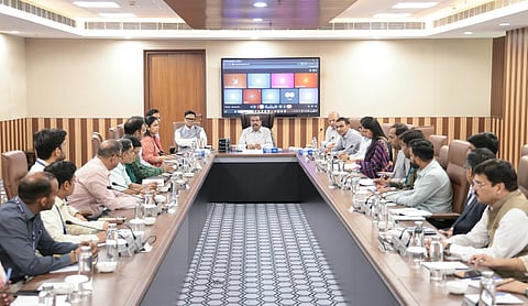Union Minister of Education Dharmendra Pradhan chairing a review meeting at CBSE Headquarters, Dwarka, New Delhi on Thursday.