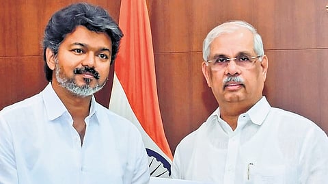 Chief Minister C Joseph Vijay and Tamil Nadu Governor Rajendra Arlekar.