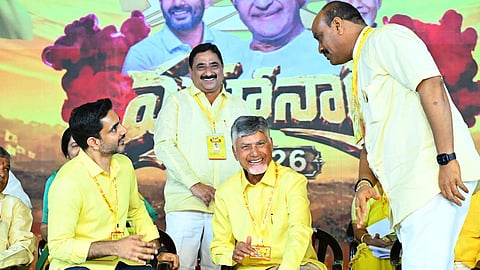 CM Nara Chandrababu Naidu, HRD and IT Minister Nara Lokesh and Agriculture Minister K Atchannaidu share a light moment at Mahanadu on Wednesday.