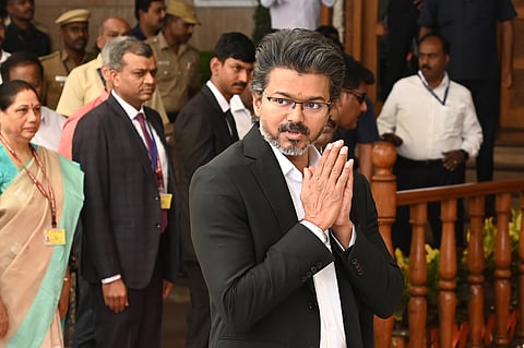 Tamil Nadu Chief Minister and Tamilaga Vettri Kazhagam (TVK) chief C Joseph Vijay arrives at Tamil Nadu Bhavan during his maiden official visit to the national capital since assuming office, in New Delhi, Wednesday, May 27, 2026.