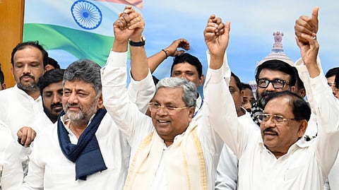 Chief Minister Siddaramaiah and DCM DK Shivakumar at press confrence in Bemgaluru on Thursday.