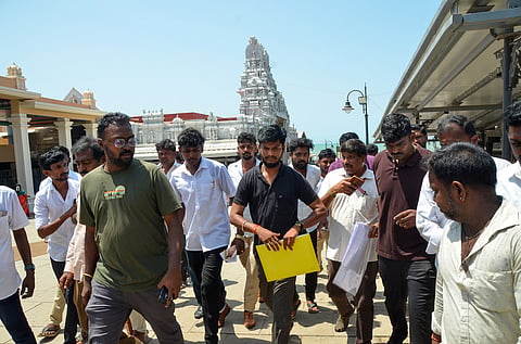Tamil Nadu HR&CE Minister S Ramesh during an inspection at Tiruchendur Murugan Temple. 