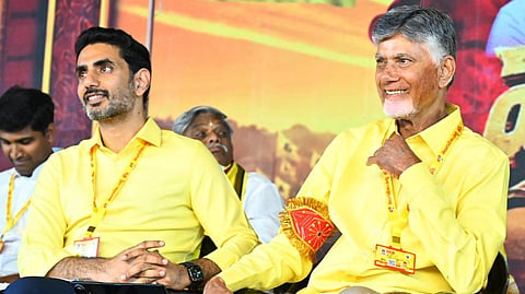 CM Nara Chandrababu Naidu and minister for IT Nara Lokesh during day two of Mahanadu at the central party office in Mangalagiri on Thursday.