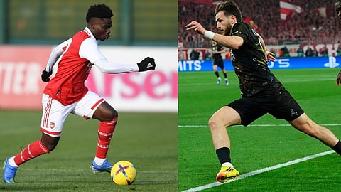Arsenal's Bukayo Saka (L) and PSG's Khvicha Kvaratskhelia