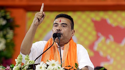 West Bengal Chief Minister Suvendu Adhikari speaks during an event at Nandigram.