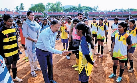 Mukul Choudhari, Chief of Sports, Tata Steel Limited, interacts with players at the IGMC Stadium in Vijayawada on Thursday.