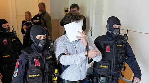 Defendant Beran A. is returned to the courtroom in the District Court in Wiener Neustadt, Austria, where he stands trial for plotting to carry out an attack on one of superstar singer Taylor Swift's concerts in Vienna in August 2024 and pledging allegiance to the Islamic State group, April 28, 2026