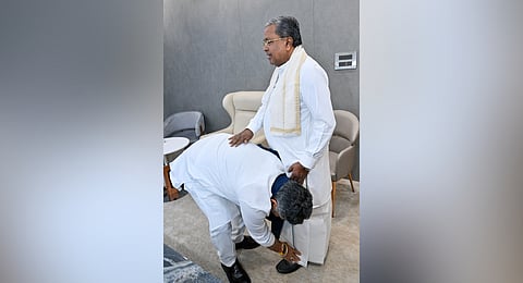 Chief Minister Siddaramaiah and Deputy Chief Minister DK shivakumar during a Breakfast meeting at CM residence cauvery in Bengaluru on thursday