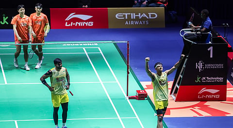 Satwiksairaj Rankireddy (L) & Chirag Shetty rejoice after the match on Saturday