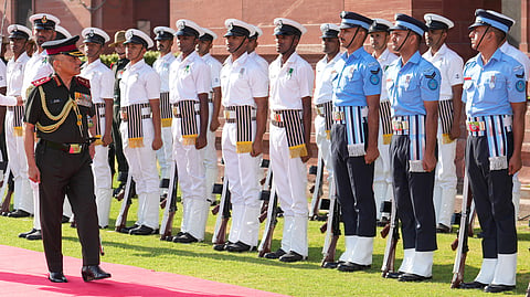 Outgoing Chief of Defence Staff General Anil Chauhan inspects the Guard of Honour, at South Block Lawn, in New Delhi, Saturday, May 30, 2026.
