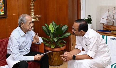 E Sreedharan hands over an interim report on high-speed rail project to Chief Minister V D Satheesan on Friday.