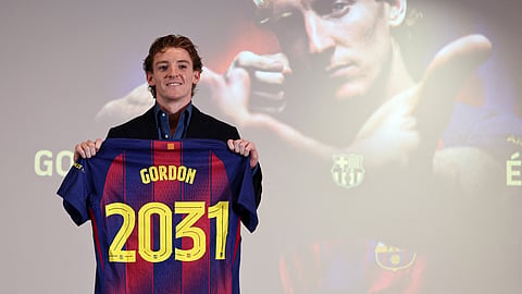 English player Anthony Gordon poses during his official presentation as new player of FC Barcelona at Palau Blaugrana Arena in Barcelona, on May 29, 2026.