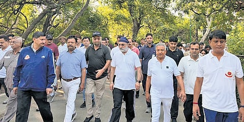 Sandhu interacts with residents at Bonta Park in Kamla Nehru Ridge on Saturday.