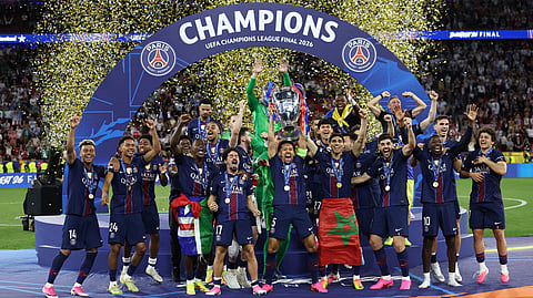 Paris Saint-Germain celebrates after winning the UEFA Champions League final football match between PSG and Arsenal FC at the Puskas Arena in Budapest on May 30, 2026.