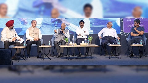Former Chief of Air Staff Vivek Ram Chaudhari, former ISRO chairman AS Kiran Kumar, former DRDO chairman G Satheesh Reddy and Ananth Tech CMD Subba Rao Pavuluri seen at the symposium, The Day the Sky Goes Dark: Warfare in the Age of Satellite Dependence, at T-Hub in Hyderabad on Saturday.