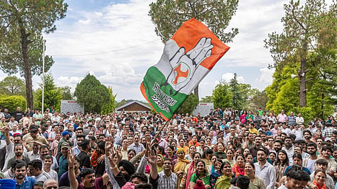 Congress workers celebrate after the party secured a majority in the Municipal Corporation elections, in Palampur, on May 31, 2026. 