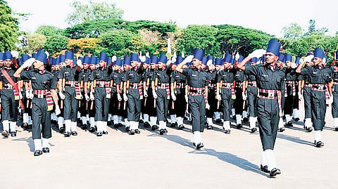 Trainees at the Madras Engineer Group (MEG), a regiment in the Indian Army’s Corps of Engineers, march during their passing out parade at ASC Centre and College in Bengaluru on Saturday.