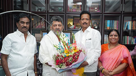  DK Shivakumar being congratulated upon being elected as the Congress Legislative Party leader, in Bengaluru on Sunday.