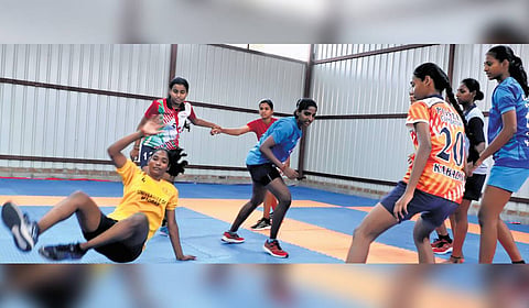 Girls undergo training at the kabaddi academy established by P Sivakumar near Thekkampatti