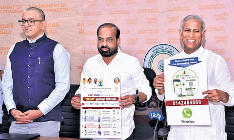 Health Minister Satya Kumar Yadav releasing the Yogandhra poster at a press conference at the Secretariat in Velagapudi on Monday.