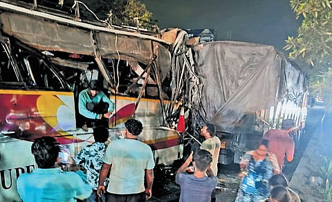 The APSRTC super luxury bus which rammed into a stationary lorry at Gajuwaka in Visakhapatnam district in the early hours of Sunday 