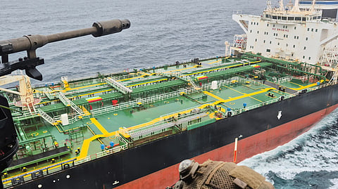 In this handout photo provided by the French Army, a French army NH90 helicopter flies over the oil tanker Tagor, which is under international sanctions and was traveling from Russia in the Atlantic Sea, Sunday, May 31, 2026.