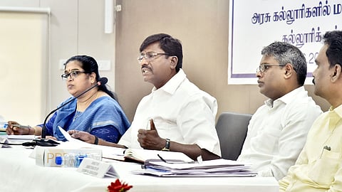 Tamil Nadu Higher Education Minister P Viswanathan at the review meeting with officials in Chennai on Monday, June 1, 2026. Also seen (From L) Commissioner of Collegiate Education E. Sundaravalli, Higher Education Secretary V. Arun Roy and Technical Education Director S Visagan.