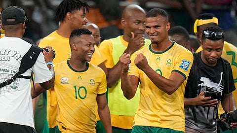 South Africa players celebrate after a World Cup 2026 group C qualifying soccer match between South Africa and Rwanda at Mbombela Stadium, in Nelspruit, South Africa, Oct 14, 2025.