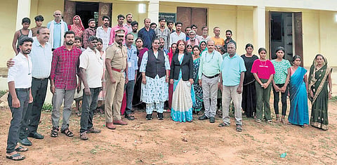 The bonded labourers, including women and children, from Chhattisgarh who were rescued from the goshala along with officials 