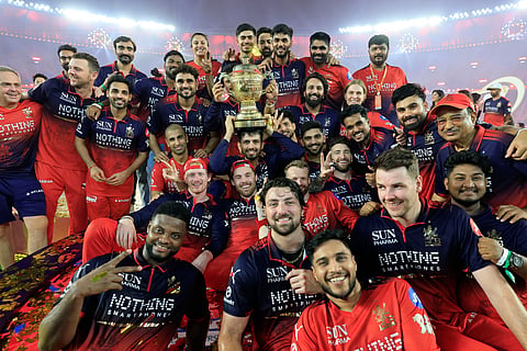 RCB players and support staff celebrate after winning their second  title in Ahmedabad on Sunday