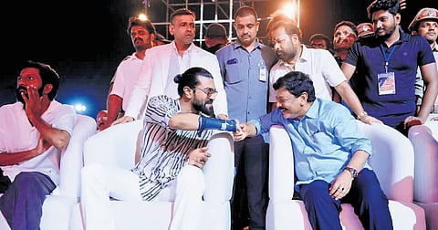 Tourism and Cinematography Minister Kandula Durgesh at the pre‑release event of Peddi at IGMC Stadium in Vijayawada on Monday I