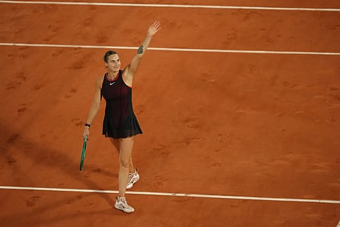 Aryna Sabalenka of Belarus reacts after winning the fourth-round tennis match against Japan's Naomi Osaka at the French Open in Paris, Monday, June 1, 2026.