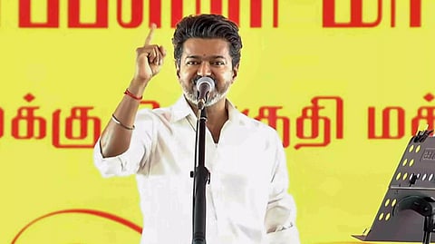 Tamil Nadu CM C Joseph Vijay addressing thanksgiving meet for voters in Tiruchy 