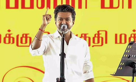 Tamil Nadu CM C Joseph Vijay addressing thanksgiving meet for voters in Tiruchy 