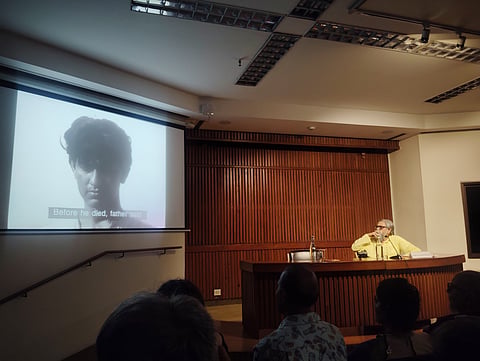 From the illustrated lecture 'Music in the Cinema of Ritwik Ghatak' by filmmaker Partha Chatterjee (right) at Delhi’s IIC