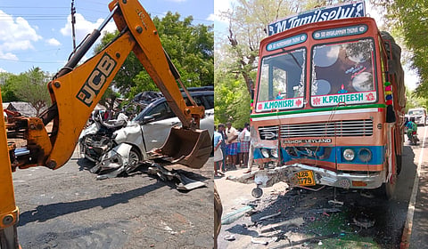 A car collided with a lorry in Tiruchy on Tuesday