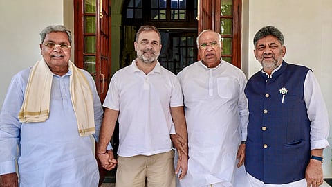 Lok Sabha LoP Rahul Gandhi with Congress President Mallikarjun Kharge, Karnataka Chief Minister-designate DK Shivakumar and former state chief minister Siddaramaiah during a meeting in New Delhi on Tuesday, June 2, 2026.