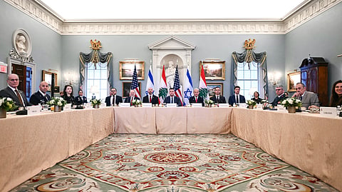 Yechiel Leiter (far L), Israeli Ambassador to the US, and Nada Hamadeh (far R), Lebanese Ambassador to the US, attend a meeting hosted by the United States at the State Department in Washington, DC, on June 2, 2026.