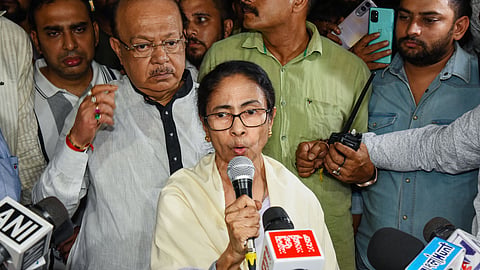 In this photo from May 31, 2026, former West Bengal CM and TMC Chairperson Mamata Banerjee speaks to the media in Kolkata.
